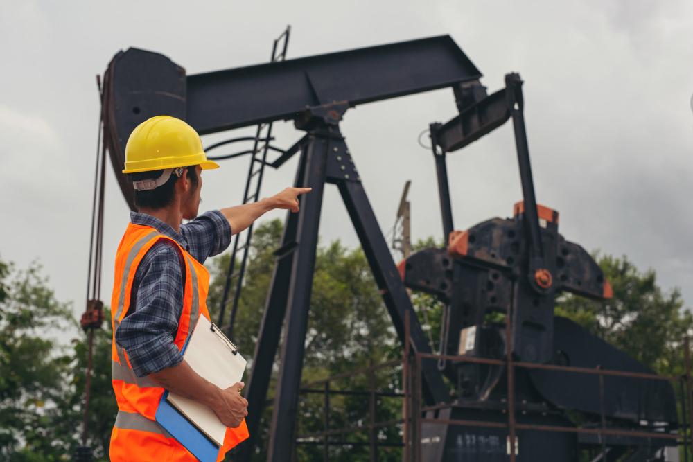 Worker standing and checking beside working oil pump.jpg