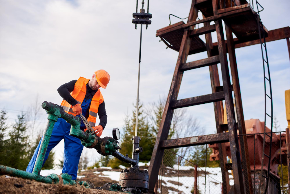Oil worker in orange uniform and helmet with a pipe wrench near an oil jack.jpg